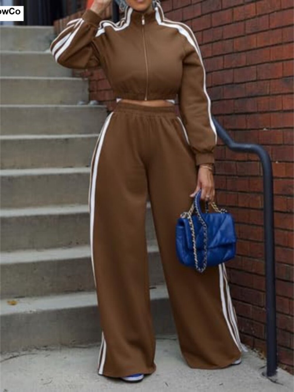 Women 2 Piece Sweatsuit Striped Crop Zip Jacket Wide Leg Sweatpants Set - Picture 3 of 6